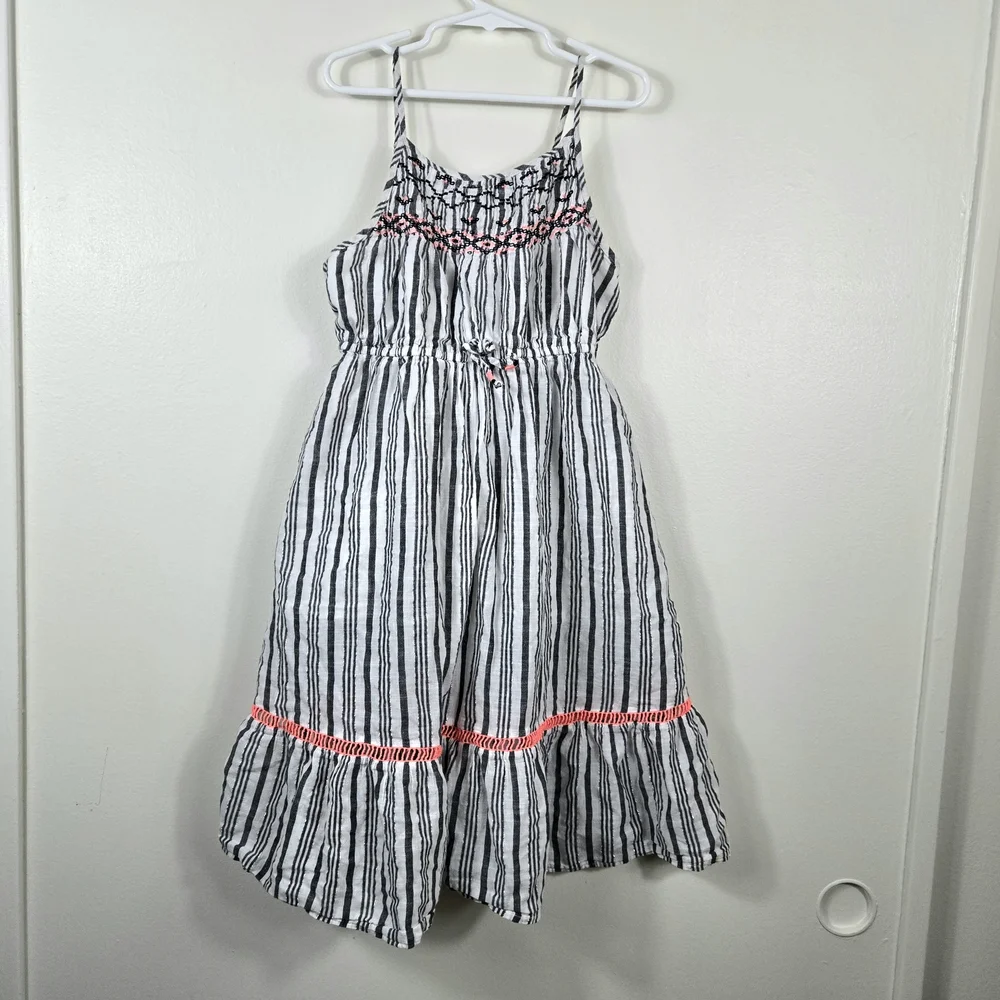 Cat & Jack Girl White Gray Striped Sleeveless Embroidered Tiered Sundress Medium